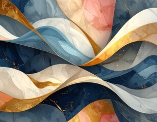 Abstract wave art in watercolor tones with gold accents, creating a dynamic and artistic visual. The artwork captures a sense of flow, movement, and aesthetic beauty.