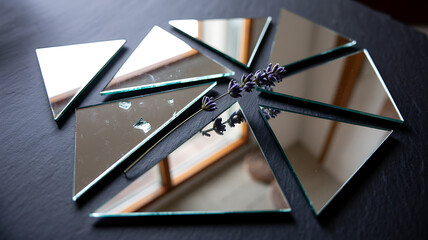 Triangular mirror pieces reflect a window with lavender on a dark surface