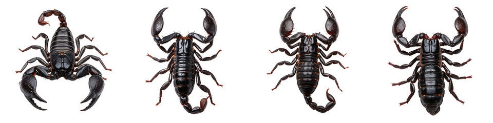 Four scorpions isolated on transparent background with claws raised high