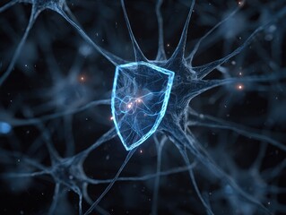 A digital representation of neurons with a protective shield, symbolizing cybersecurity or neural networks in a futuristic design.