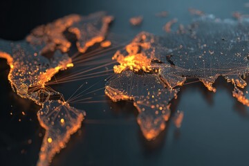 A digital representation of a world map highlighted with glowing networks, showcasing global connections and data flow.