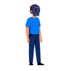 Obraz premium Cartoon illustration of a person wearing a welding mask, blue shirt, and jeans.