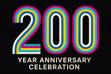 Anniversary 200 year celebration colorful striped numeric two hundred retro vector poster on black background modern typographic banner for corporate milestone invitation editable ai eps highres