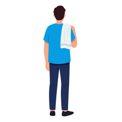 Fototapeta premium A man in blue shirt and jeans stands with a towel over his shoulder, facing away.