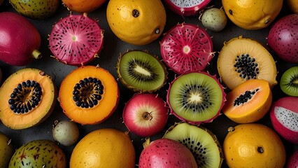 Fresh, colourful fruit and vegetable background with kiwi, orange, lemon, and apple slices for a healthy, juicy diet