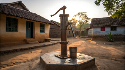 Hand pump in a rural village in india providing fresh drinking water