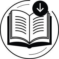 Black open book icon with download arrow symbol vector.