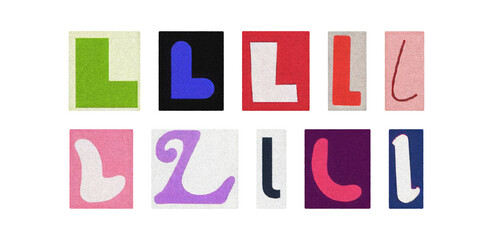 Colorful letter L collage from magazine clippings, isolated transparent PNG
