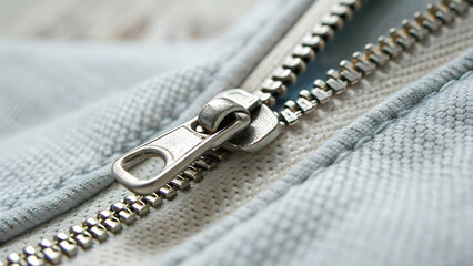 Closeup of a metal zipper on light blue denim fabric, macro shot