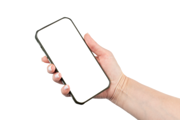 Woman hand holding modern smartphone with empty white display, isolated on transparent PNG background, mockup design for inserting app interface, website, or custom content.