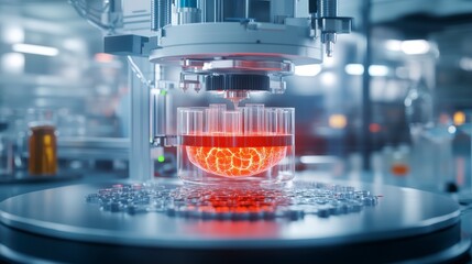 Bioprinter for organ creation. A futuristic bioprinter creating an organ, with glowing layers and intricate mechanical details in a laboratory.