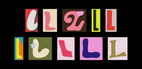 Assorted letter L typography styles, paper cutouts on black background
