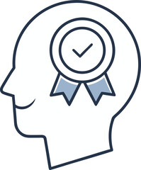 Minimalist line art illustration of a human head profile with a checkmark award badge silhouette vector illustration EPS file download.
