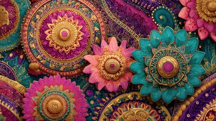 Vibrant Indian cultural background for advertising and print media, intricate mandalas, paisley patterns, traditional motifs.