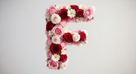 The letter f formed by a beautiful arrangement of pink and red roses and white daisies