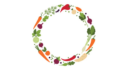 A circular arrangement of fresh organic vegetables and herbs.