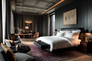 A luxurious bedroom featuring a dark color scheme, elegant furnishings, and artistic decor, providing a sophisticated and cozy atmosphere.