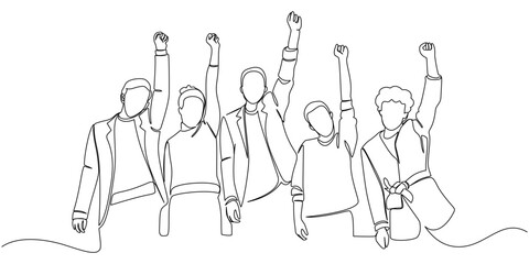 Continuous one line drawing of male and female employees making high five gesture, teamwork and encouragement for work concept, single line art