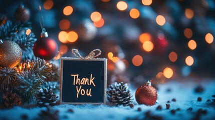 Express sincere gratitude this holiday season with a stunning winter scene featuring Christmas ornaments, pine cones, and a heartfelt Thank You message amidst shimmering bokeh lights