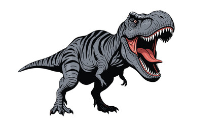 Naklejka premium A fearsome grey Tyrannosaurus Rex roars with its mouth wide open showing its sharp teeth and pink tongue