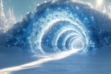 Snow-covered tunnel cutting through a winter landscape.