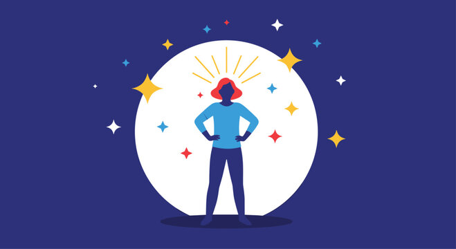 An empowered individual stands confidently within a radiant circle surrounded by stars.