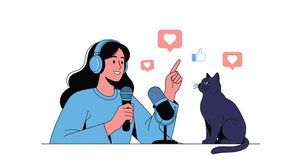 A content creator records audio with her cat nearby.