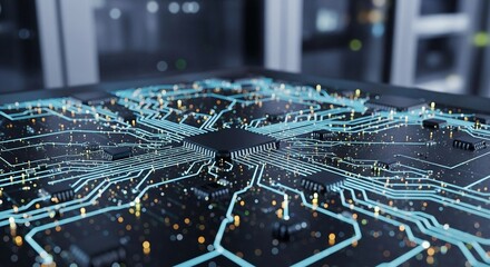 Close-up view of a complex microchip with glowing blue circuits on a dark background, representing advanced technology and data processing.