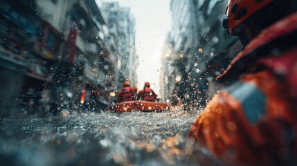 Urban Rescue Team In Action During Flood