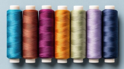 A collection of vibrant spools of thread arranged in a row, ideal for sewing and crafting. Perfect for creative projects and textile design.