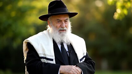 Wise rabbi with a long white beard wearing traditional clothing. The jewish man is praying outdoors in a green park at sunset