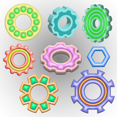 A set of 3d volume gears. Bright and colorful details.