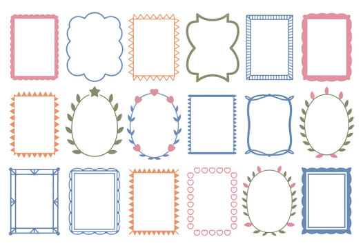 Cute kid doodle frames set, hand-drawn cartoon decorative borders in square, round, oval, and rectangle shapes. Childish playful photo frames with simple line art, vector isolated.