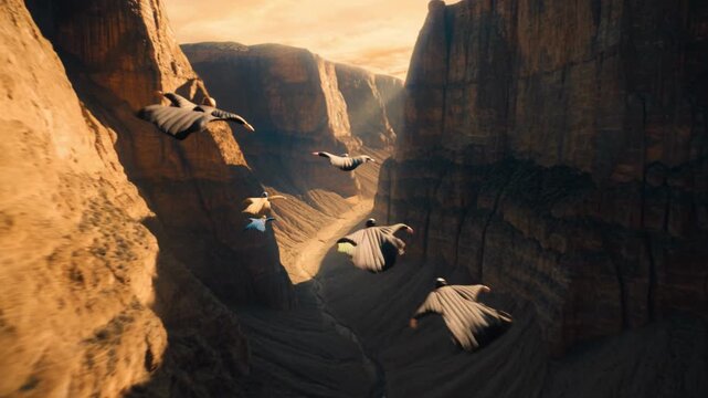 Thrilling wingsuit athletes soar through a stunning canyon at sunset. The golden light highlights the rugged terrain as they glide gracefully, showcasing the beauty of nature and adventure