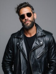 Obraz premium A fashionable man with a beard wearing a leather jacket and sunglasses. The setting is neutral, focusing on his confident expression and modern style.