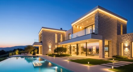 Luxury villa with a stunning infinity pool illuminated by warm exterior lighting during twilight