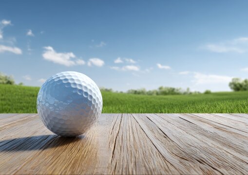 Close-up of a golf ball on wooden surface with a sunny green background and blue sky