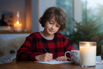 Young boy writing a letter by candlelight during winter evening