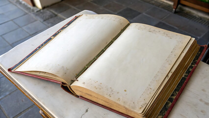 Open antique book with blank pages on a table ready for writing or drawing