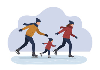 A family ice skating on a blue rink against a light blue backdrop wearing winter clothing