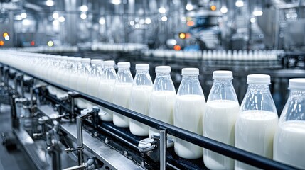Milk Bottles On Conveyor Belt In Modern Factory