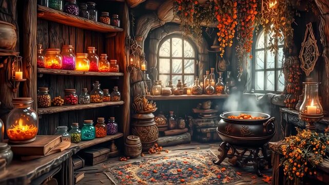 Mystical Potion Shop Interior with Shelves and Magical Ingredients.