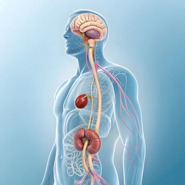 Scientific 3D Render The Hypothalamic-Pituitary-Gonadal (HPG) Axis in the Male Body Visualizing Male Endocrine Regulation Brain to Testes Connection via the Central Nervous System