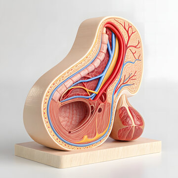 Detailed Cutaway Anatomical Model of the Male Genitalia, Illustrating Internal Structure, Blood Vessels, and Erectile Tissue Professional 3D Rendering of the Human Penis Cross-Section