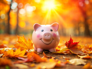 A single smiling piggy bank sits among fallen autumn leaves, bathed in the golden glow of the setting sun