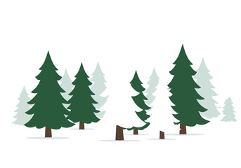 Fototapeta premium A scattering of green snowcovered pine trees on a white background