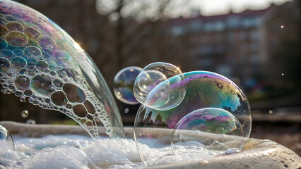 Closeup of colorful soap bubbles floating in the air on a sunny day