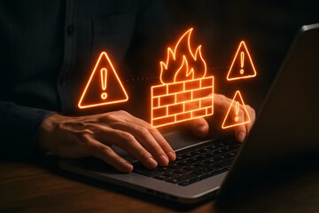Cybersecurity Firewall Protection and Digital Threat Warning on Laptop