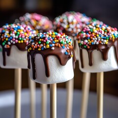 Chocolate-dipped marshmallow pops topped with rainbow sprinkles on sticks