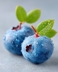 Macro Close Up of Fresh Blueberries with Water Droplets and Green Leaves on Grey Textured Surface